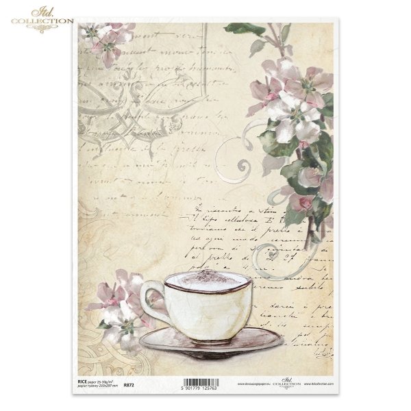 kawa, filiżanka, filiżanki, list, dekor, ornament, retro, Vintage, kwitnąca jabłoń, kwiat jabłoni. Autorka grafik: Magda Stanczew, rose, cups, teacup, coffee, table, cake, vase, beads, Rose, Tassen, Teetasse, Kaffee