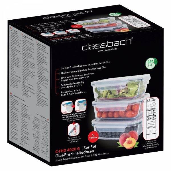 Szklane pojemniki do przechowywania żywności 3x Classbach C-FHD 4020 G
