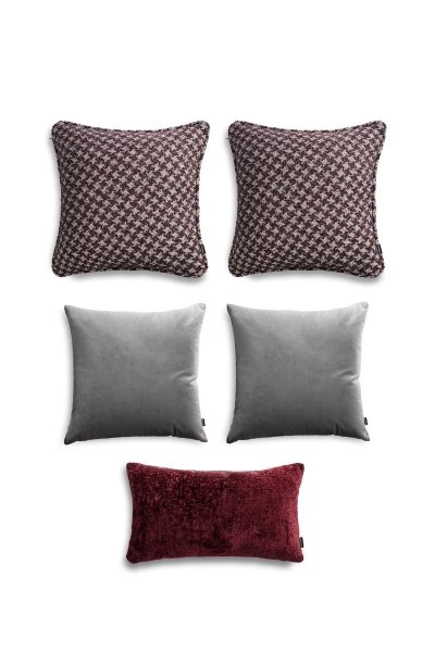 Bordowo-szary zestaw 5 poduszek dekoracyjnych do sypialni z pepitką