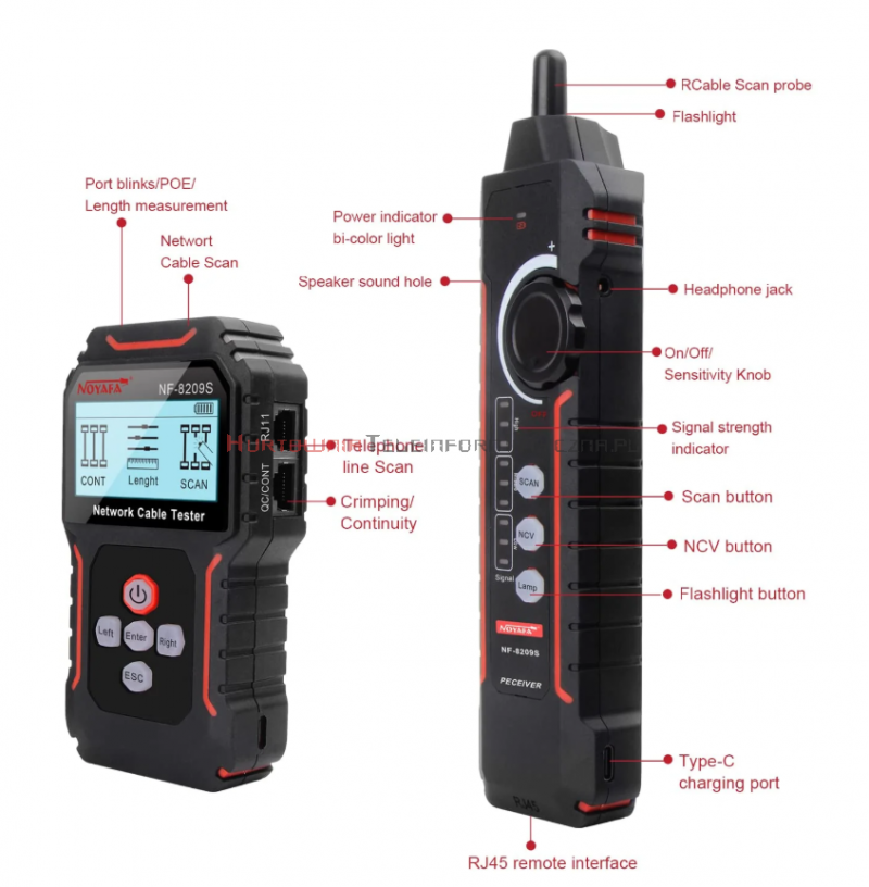 Noyafa NF-8209S uniwersalny tester okablowania RJ45, PoE, z szukaczem