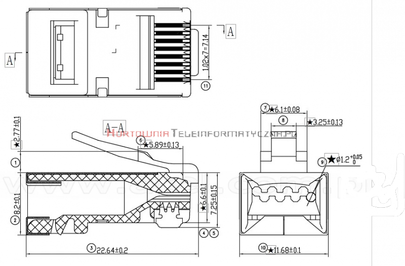 Wtyk RJ45 8p8c kat.6A FTP ekranowany, drut, przelotowy (100 szt)