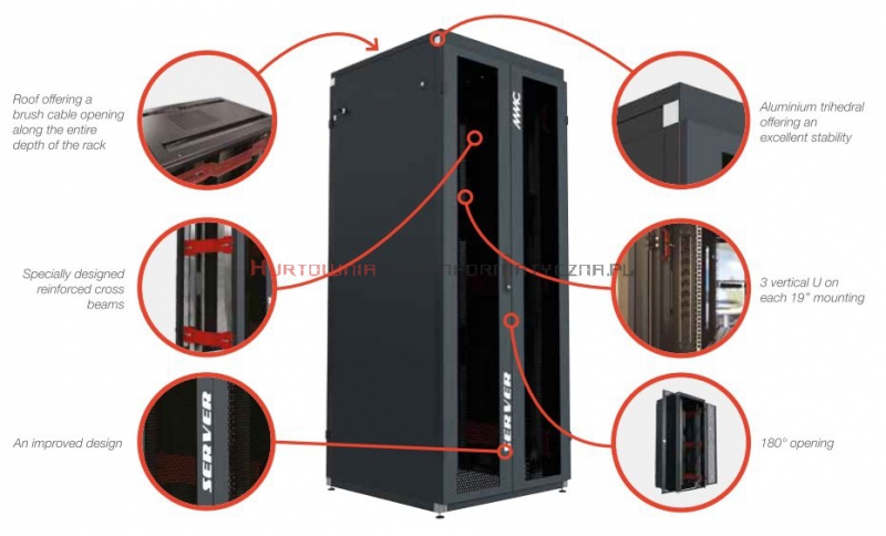 MMC Szafa RACK Serwer 19&quot; stojąca 42U 800x1000, 1000kg, drzwi dwuskrzydłowe perforowane, czarna