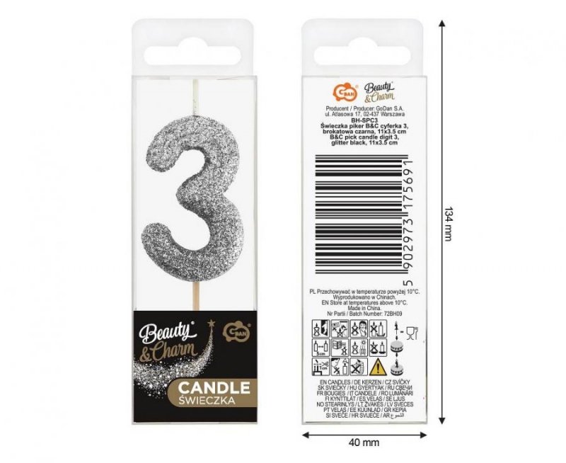 Świeczka Piker MINI Cyfra 3, BIO Brokatowa Czarna – 1 Szt.
