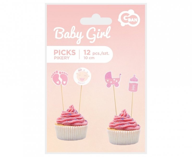 Pikery na tort BABY GIRL na baby shower dla dziewczynki 12 szt