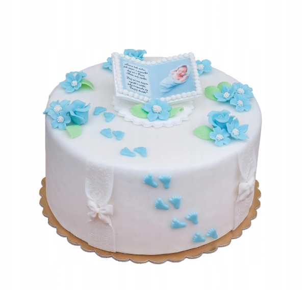 Dekoracja cukrowa na tort STÓPKI chrzest baby shower NIEBIESKIE 10szt