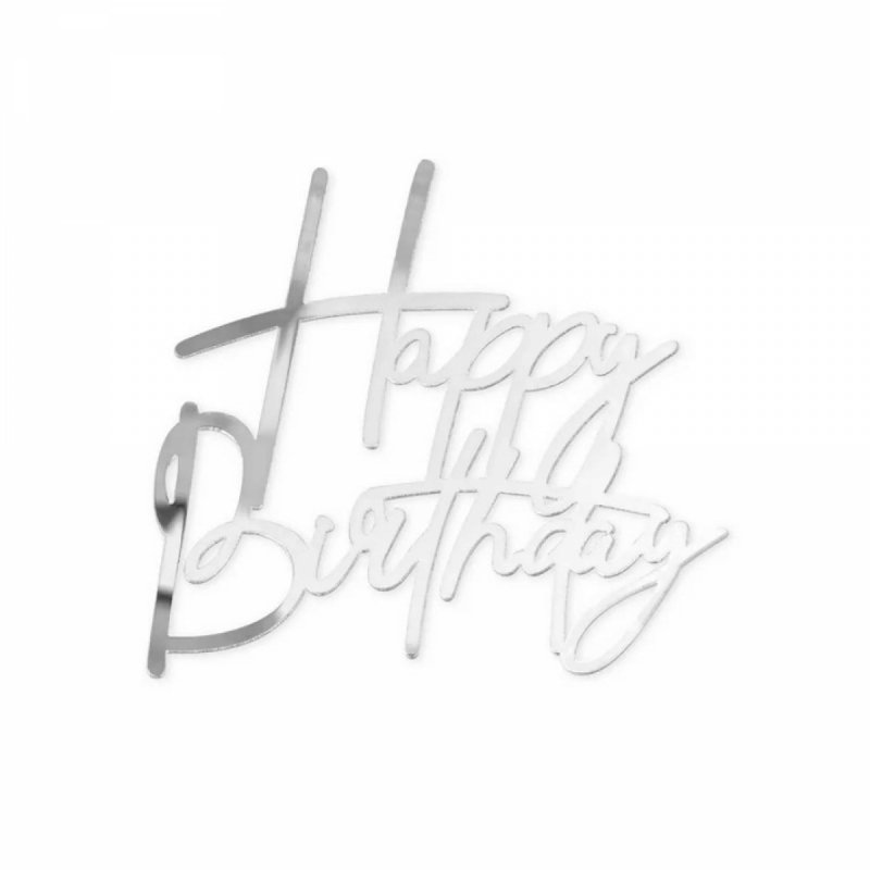 Topper srebrny Happy Birthday – dekoracja na bok tortu | Partypal