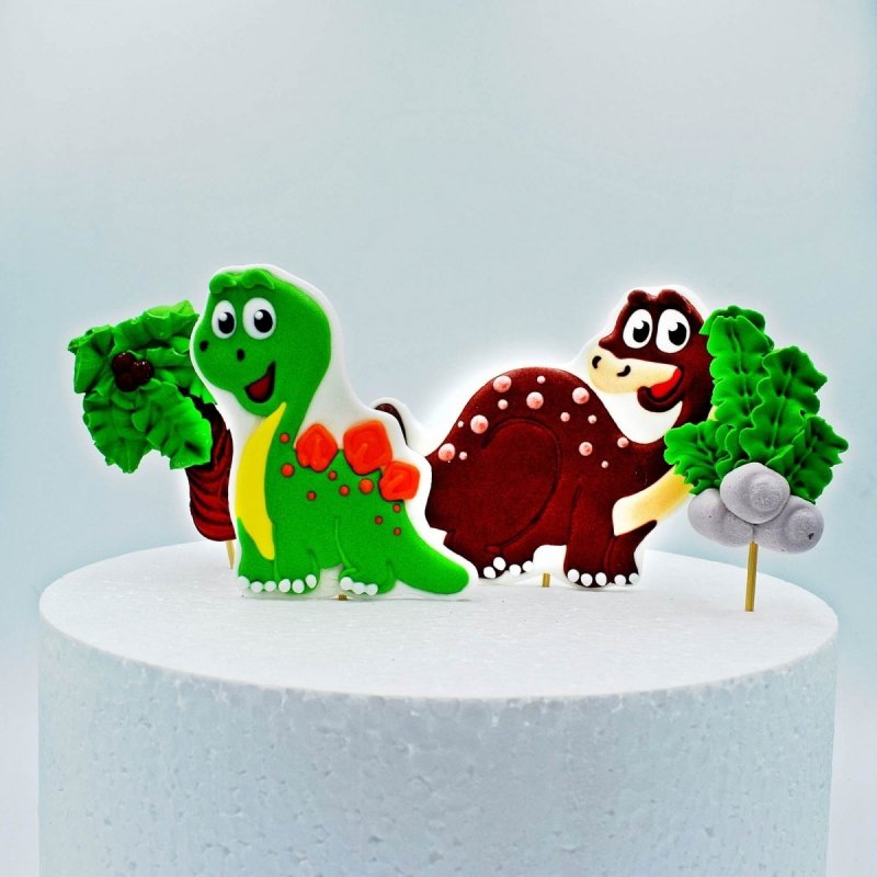 Cukrowa dekoracja PIKERY na tort DINOZAUR 2D zielony brązowy