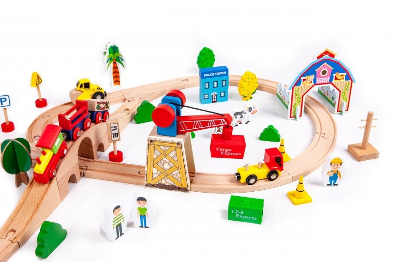 Drewniany pociąg kolejka 74 elementy ECOTOYS