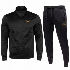 Komplet dresowy Emporio Armani EA7 męski spodnie bluza ze stójką czarny złote logo