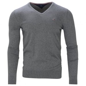 Sweter męski Tommy Hilfiger szary jedwab z dekoldem v-neck