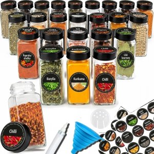 Szklane słoiczki 24 sztuki pojemniki na przyprawy w zestawie naklejki i lejek