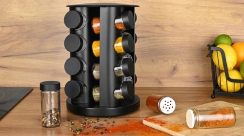 Czarny organizer na przyprawy stojak słoiczki szklane w zestawie naklejki i lejek