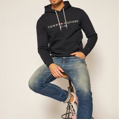 Bluza Tommy Hilfiger męska granatowa z kapturem bawełniana duże logo