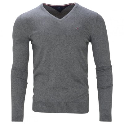 Sweter męski Tommy Hilfiger szary jedwab z dekoldem v-neck