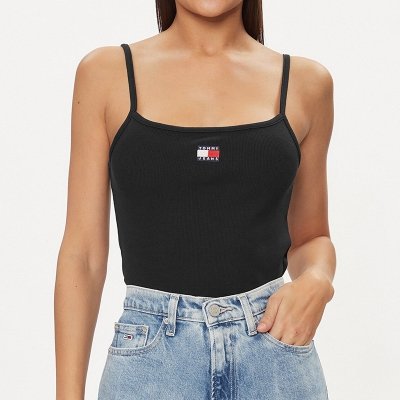 T-shirt Tommy Jeans top damski czarny dopasowany na ramiączka