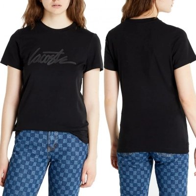 T-shirt koszulka Lacoste damska czarna z okrągłym dekoldem bawełniana