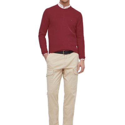 Sweter męski Tommy Hilfiger bordowy z okrągłym dekoldem bawełniany