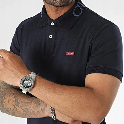 Polo polówka Guess męska granatowa na krótki rękaw bawełniana