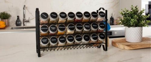 Czarny stojak organizer metalowy na przyprawy szklane słoiczki w zestawie naklejki i lejek