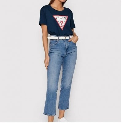 T-shirt koszulka Guess damska granatowa na krótki rękaw duże logo