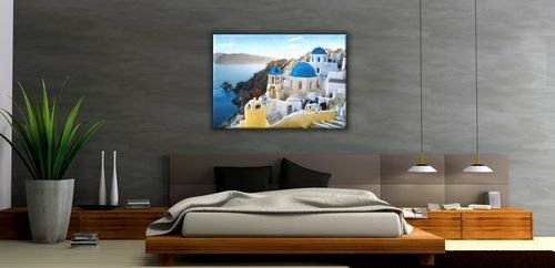Aranżacja sypialni - Obraz krajobraz - Grecja, Santorini - 120x90 cm - Dekoracje na ścianę - Sklep DecoArt24.pl