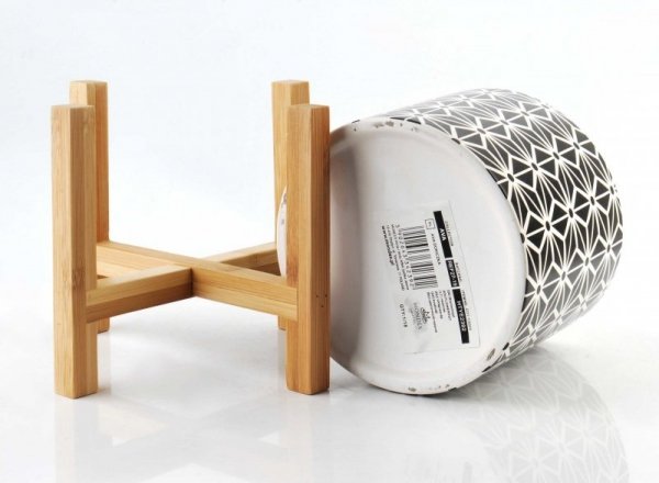 Kwietnik czarno biały - Doniczka ceramiczna na drewnianym stojaku 13x12cm - Dekoracje domu DecoArt24.pl