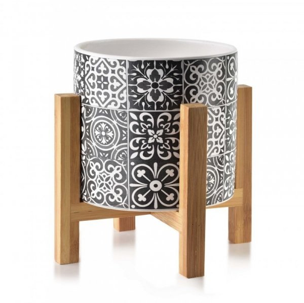 Osłonka ceramiczna na drewnianym stojaku - Szaro biała - 12cm