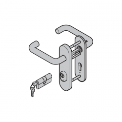 Pakiet wyposażenia dodatkowego KSI – komplet klamek typ D-110 z zaokrąglonym podłużnym szyldem, 8 mm oraz wkładka patentowa z 3 kluczami, aluminium