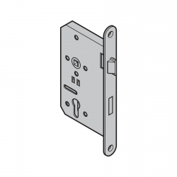 Zamek wpuszczany, zapadkowo-zasuwkowy, ECO 110, przystosowany pod wkładkę patentową, głębokość zamka 65 mm, do drzwi 1-skrzydłowych lub skrzydła przechodniego drzwi 2-skrzydłowych, prawy, czoło zamka stal nierdzewna