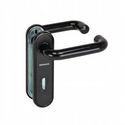 Klamka - komplet do drzwi przeciwpożarowych typu D-110 z zaokrąglonym podłużnym szyldem, czarny (PPN), na klucz zwykły lub wkładkę patentową, grubość 9 mm