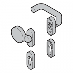 Komplet okuć – klamka z gałką (92), kształt wygięty / płaski, PZ, stal nierdzewna szczotkowana. Ten komplet nie zawiera klamki z trzpieniem czworokątnym, sztyftu przeciwpanicznego ani sztyftu do klamki z gałką.