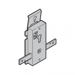 Zamek bez jednostronnej wkładki patentowej do bram N 80, F 80, bram z drzwiami przejściowymi, ryglowanie dzienne, drążki sprężyste z przykręcanym mostkiem