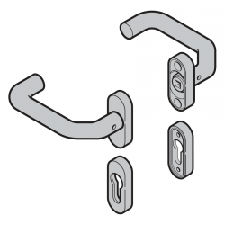 Komplet klamek (92) kształt wygięty / wygięty. Ten komplet nie zawiera klamki z trzpieniem czworokątnym, sztyftu przeciwpanicznego ani sztyftu do klamki z gałką. PZ, stal nierdzewna szczotkowana