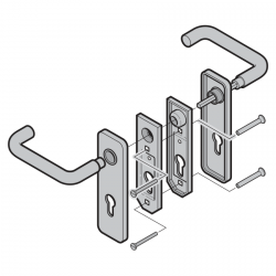 Komplet zaokrąglonych klamek, w komplecie ze śrubami, PZ, odlew aluminiowy, kolor nowego srebra F2
