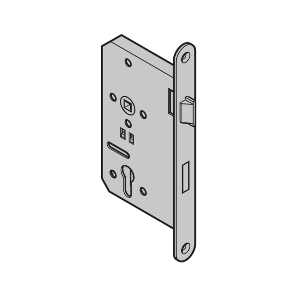 Zamek wpuszczany ECO 111, przeciwpaniczny, funkcja E, otwierane na zewnątrz, przelotowy orzech pod wkładkę patentową, głębokość zamka 65 mm, do drzwi 1-skrzydłowych oraz skrzydła przechodniego drzwi 2-skrzydłowych bez pełnej funkcji przeciwpaniczej, prawy