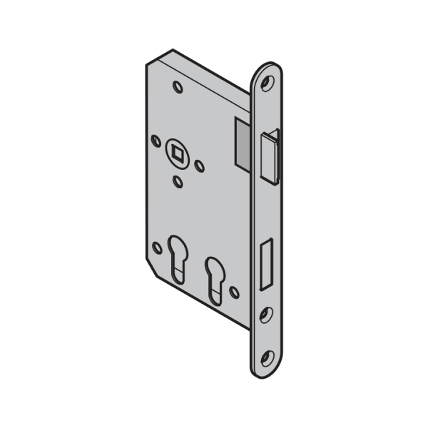Zamek wpuszczany, przystosowany pod 2 wkładki patentowe PZ/PZ, głębokość zamka 60 mm / 100 mm, do drzwi 1-skrzydłowych oraz skrzydła przechodniego drzwi 2-skrzydłowych bez pełnej funkcji przeciwpaniczej, prawy, czoło zamka stal nierdzewna