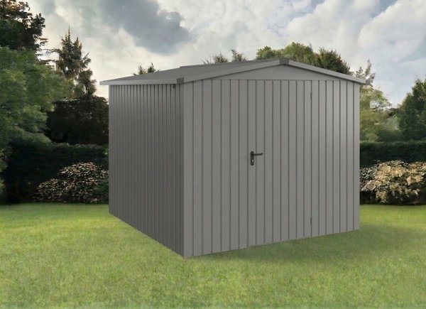 Metalowy domek narzędziowy EcoStar Euroline ESD 10 (262x262 cm) - dach dwuspadowy, drzwi 1-skrzydłowe, kolor szary aluminium RAL 9007