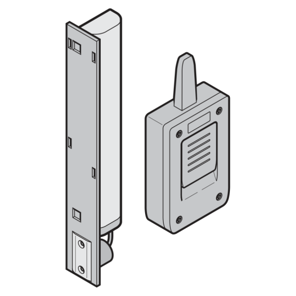 Moduł sterowania radiowego do drzwi przejściowych – nadajnik (ze wspornikiem, 2× AA), odbiornik, magnes do ościeżnicy