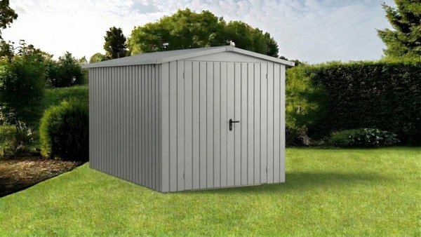 Metalowy domek narzędziowy EcoStar Euroline ESD 7 (214x310 cm) - dach dwuspadowy, drzwi 2-skrzydłowe, kolor szary aluminium RAL 9007