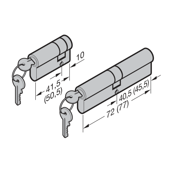 Zestaw wkładek patentowych otwieranych kluczem o jednakowym wzorze do bram z wbudowanymi drzwiami przejściowymi, 1 × 31,5 + 10 mm i 1 × 31,5 + 40,5 mm
