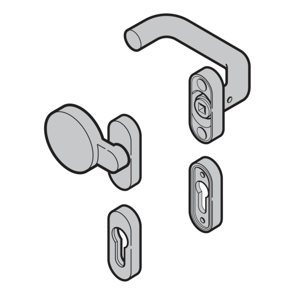 Komplet okuć – klamka z gałką (92), kształt wygięty / płaski, PZ, stal nierdzewna szczotkowana. Ten komplet nie zawiera klamki z trzpieniem czworokątnym, sztyftu przeciwpanicznego ani sztyftu do klamki z gałką.