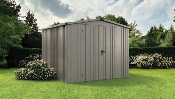 Metalowy domek narzędziowy EcoStar Euroline ESD 10 (262x262 cm) - dach dwuspadowy, drzwi 2-skrzydłowe, kolor szary aluminium RAL 9007