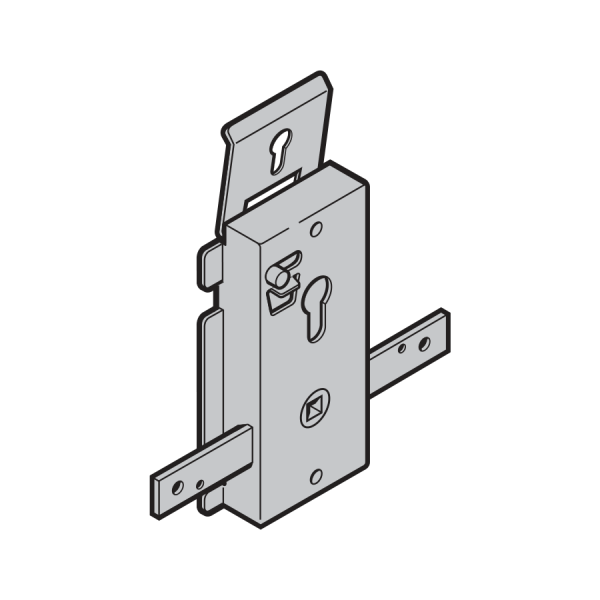 Zamek bez jednostronnej wkładki patentowej do bram N 80, F 80, bram z drzwiami przejściowymi, ryglowanie dzienne, drążki sprężyste z przykręcanym mostkiem
