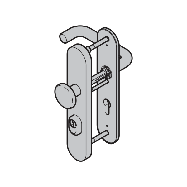 Komplet okuć – klamka z gałką z okuciem ochronnym, PZ, stal nierdzewna, szyld długi