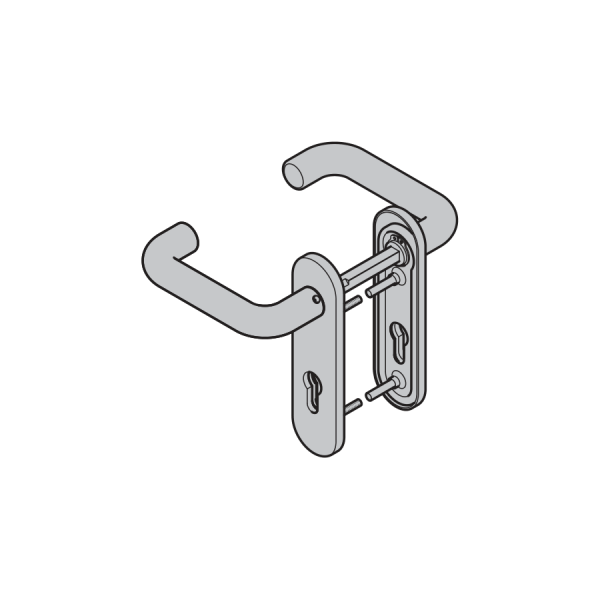 Komplet klamek przeciwpożarowych typu D-110 z zaokrąglonym podłużnym szyldem, czarny (PA), na wkładkę patentową, grubość 9 mm