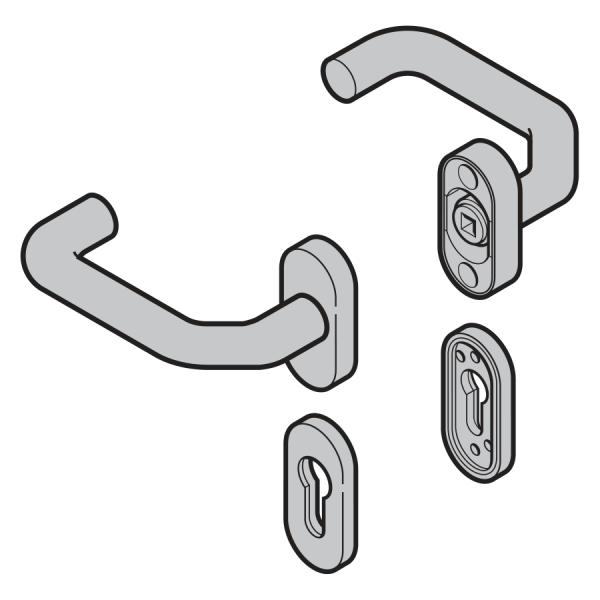 Komplet klamek (92) kształt wygięty / wygięty, tworzywo sztuczne, kolor czarny. Ten komplet nie zawiera klamki z trzpieniem czworokątnym, sztyftu przeciwpanicznego ani sztyftu do klamki z gałką. RZ