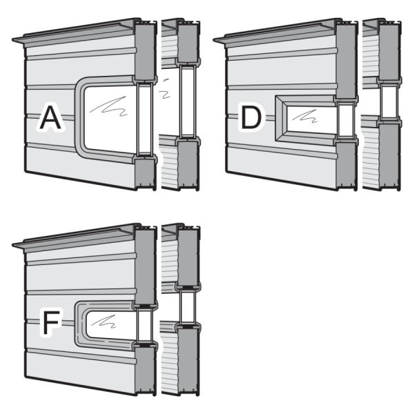 Górny segment bramy, ocieplany, do wysokości pośredniej, pod przeszklenie Sandwich typ A, D, F, z uszczelką nadproża, szerokość bramy do 8000 mm, przetłoczenia S, Stucco