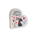 Drewniana tabliczka serce z podstawką wzbogacona lakierem UV z napisem Kochaj, wspieraj, przytulaj. 12x12x2.5 cm