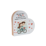 Drewniana tabliczka serce z podstawką wzbogacona lakierem UV z napisem Wolę jedno życie z Tobą niż samotność przez wszystkie ery tego świata. 12x12x2.5 cm