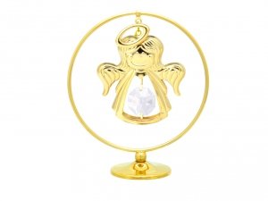 Pozłacana figurka z kryształkami STRASS Swarovski ANIOŁEK  w kółku, 8cm